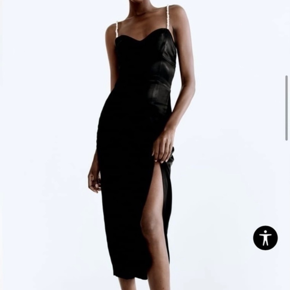 NWT Zara Black Satin Dress With Pearls Straps Sz. Xs